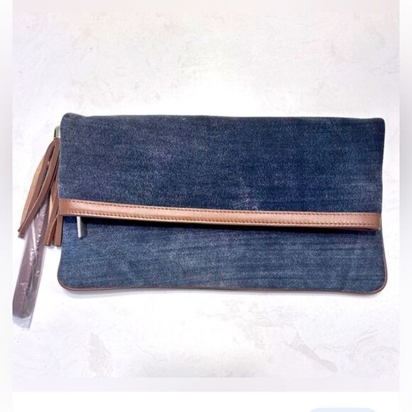 White House Black Market Handbags - White House black market blue suede leather clutch with fringe add-on. Gorgeous.